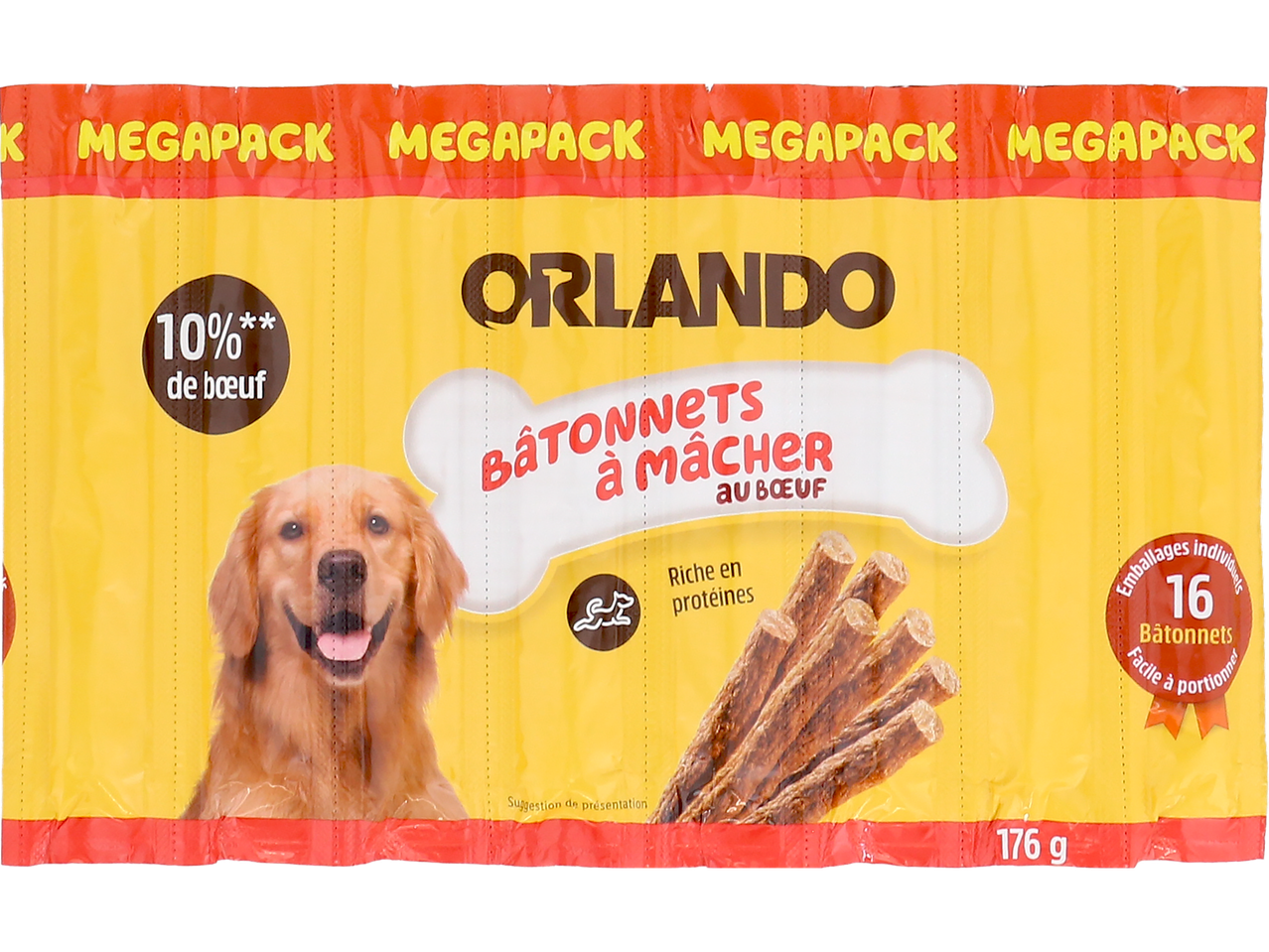 Bâtonnets à mâcher Orlando pour chien au bœuf, 16 bâtonnets, 176g megapack.