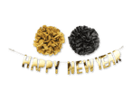 Goldene und schwarze Pompons mit einer 'HAPPY NEW YEAR' Girlande