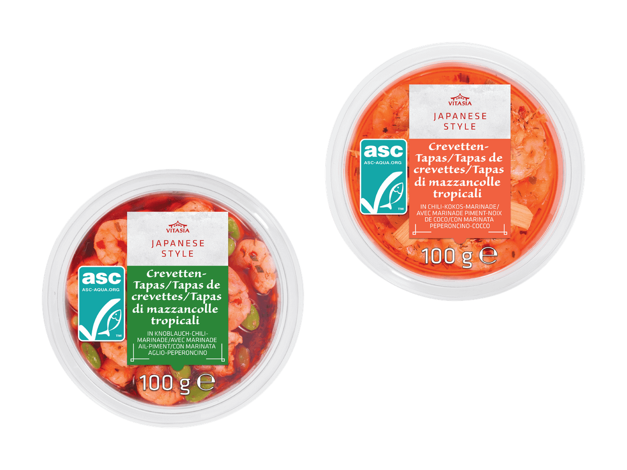 Deux barquettes de tapas de crevettes à la japonaise, une à la marinade ail-piment et une à la marinade piment-noix de coco.