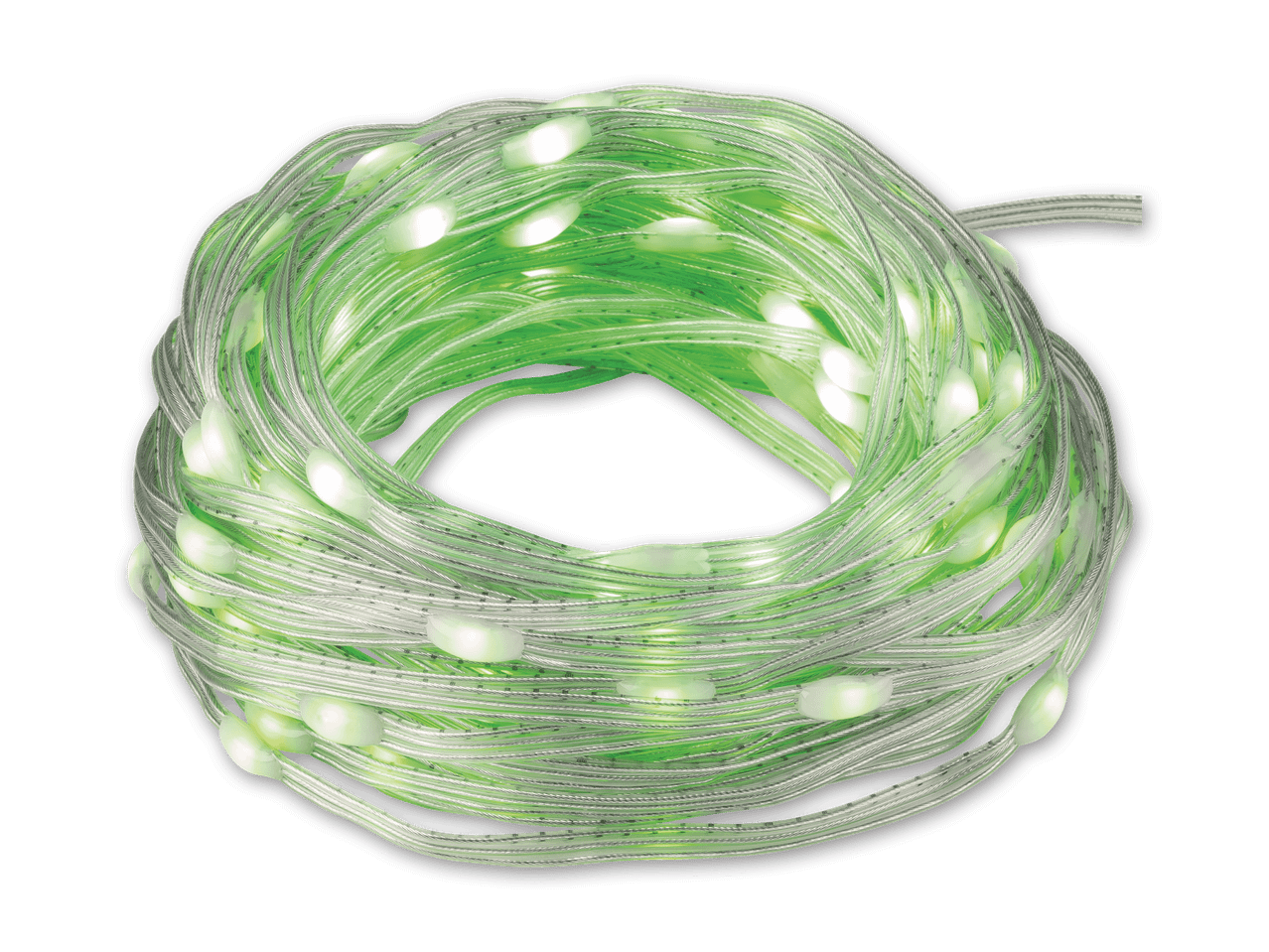 Grüne Lichterkette, aufgerollt und leuchtend auf schwarzem Hintergrund.