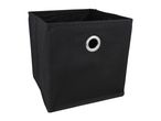 A black fabric storage cube with a metal eyelet.