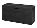 Black plastic outdoor storage box with a textured, slatted lid and integrated handles.