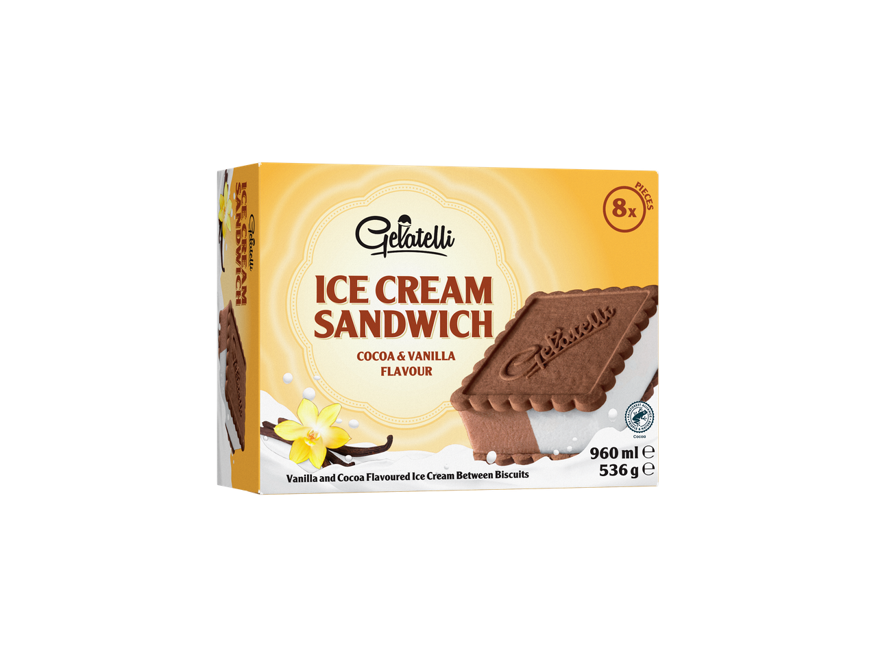Gelatelli сладоледни сендвичи: 8 ком, какао и ванила.
