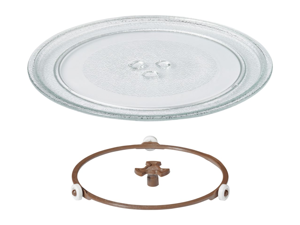 Microwave glass turntable plate with roller ring and coupler.