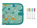 Dinosaur-themed drawing book with five colorful markers.