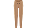 Brown sweatpants with a drawstring waist and white text on the side.