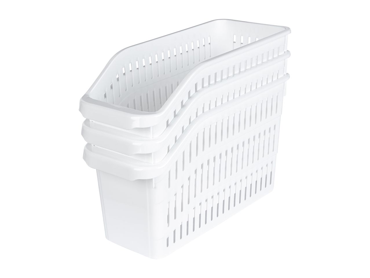 Stack of four white plastic storage baskets.