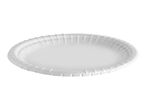 A white disposable paper plate with a fluted edge.