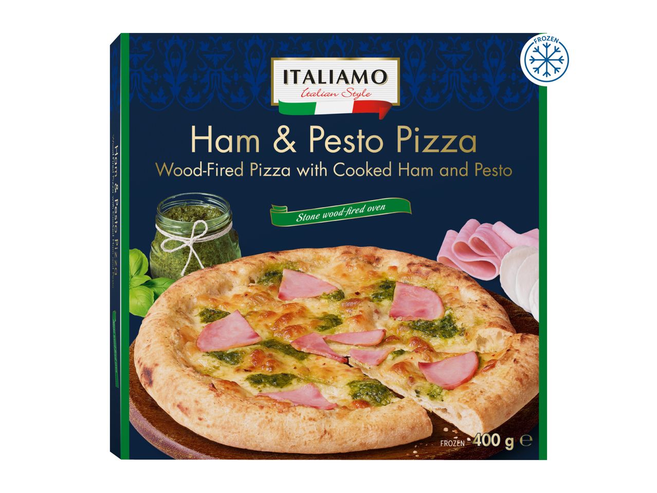 Frozen Ham & Pesto Pizza box, wood-fired, 400g.