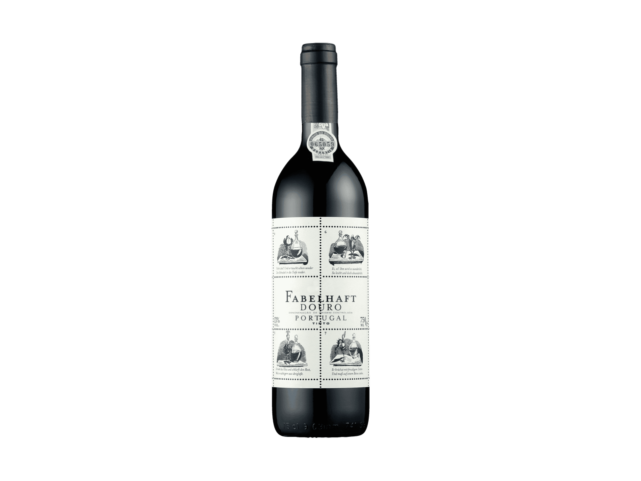 Bouteille de vin rouge avec une étiquette illustrée de quatre scènes et du texte allemand.