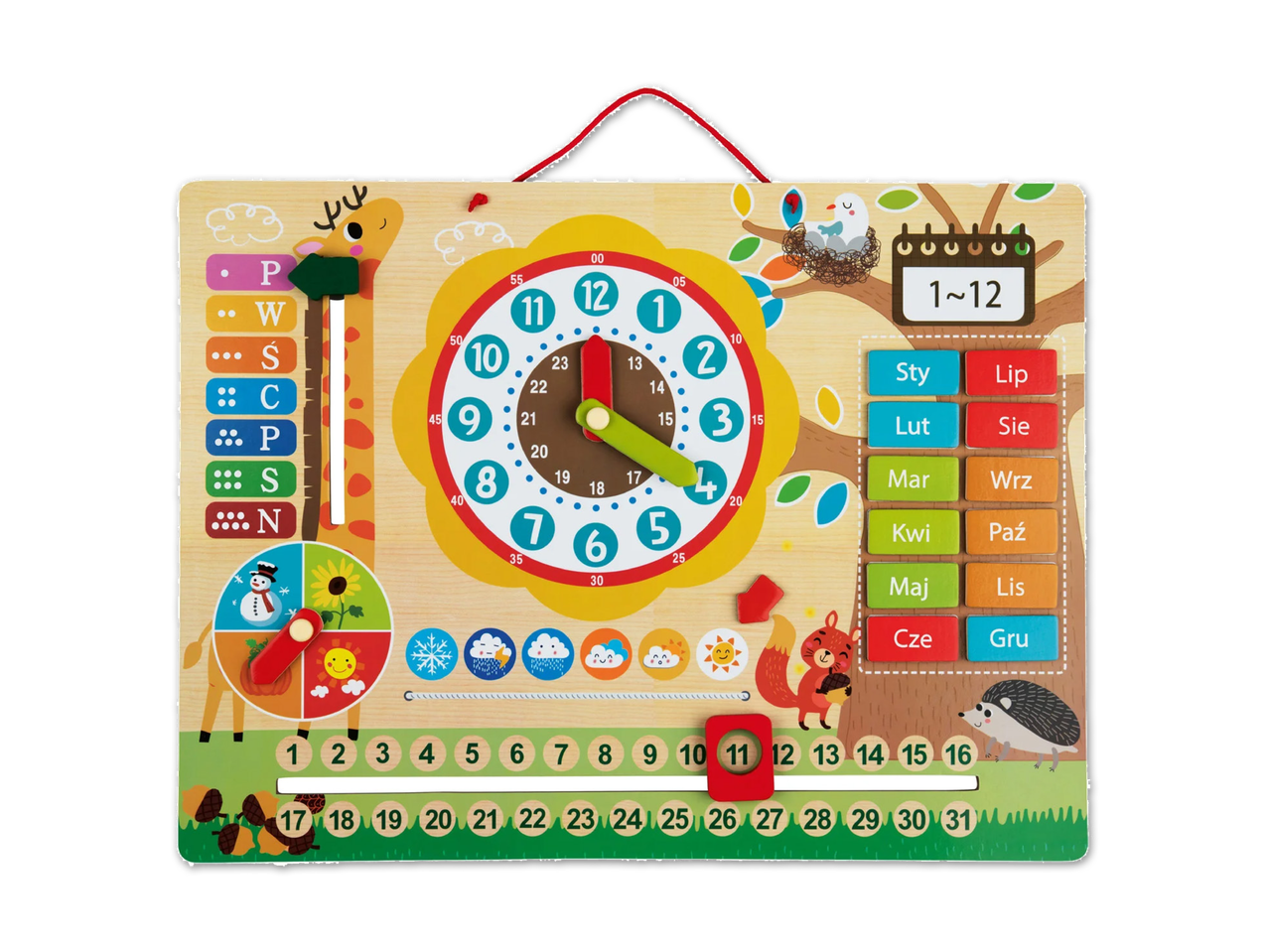 Holz-Lernkalender mit Uhr, Wochentagen, Monaten, Jahreszeiten und Wetteranzeige.