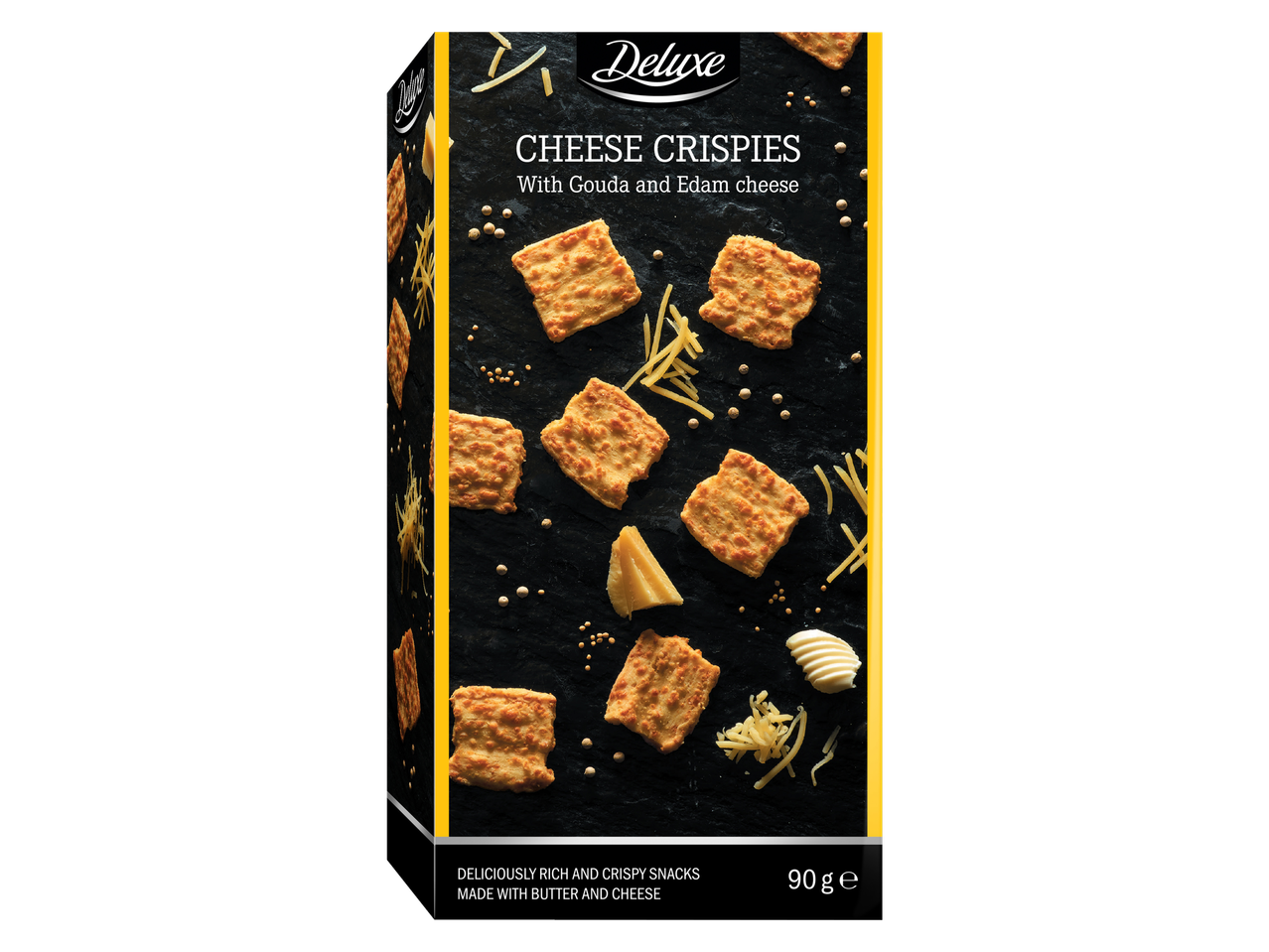 Deluxe siera kraukšķi ar Gouda un Edam sieru, 90g iepakojums.