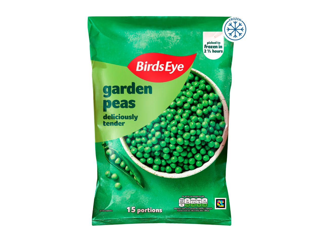 Frozen garden peas in a green bag, with a bowl of peas and a pea pod shown.