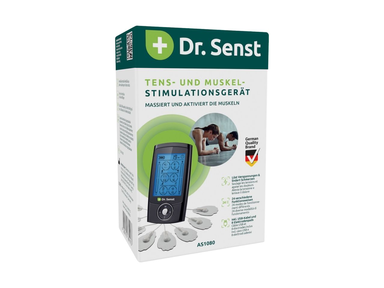 TENS and muscle stimulation device that massages and activates muscles, with USB cable and electrode pads.