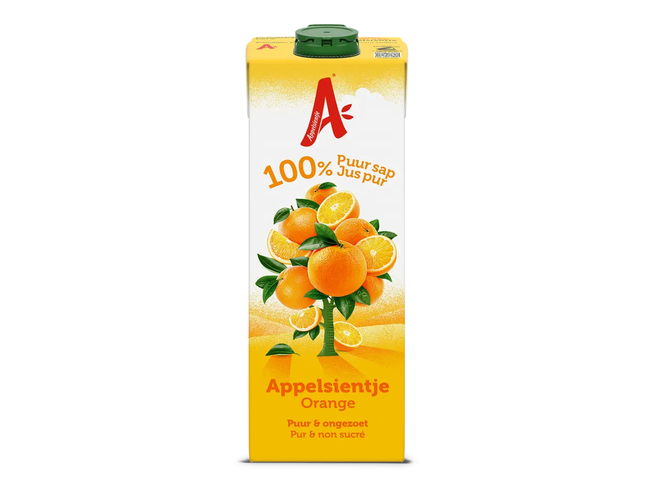 Een pak 100% puur sinaasappelsap met een afbeelding van sinaasappels aan een boom.