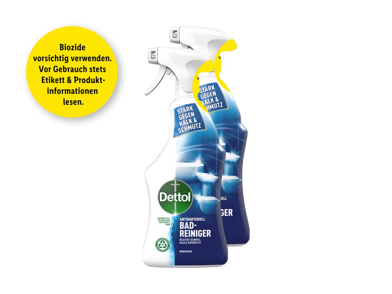 Zwei Flaschen Dettol antibakterieller Badreiniger gegen Kalk und Schmutz.