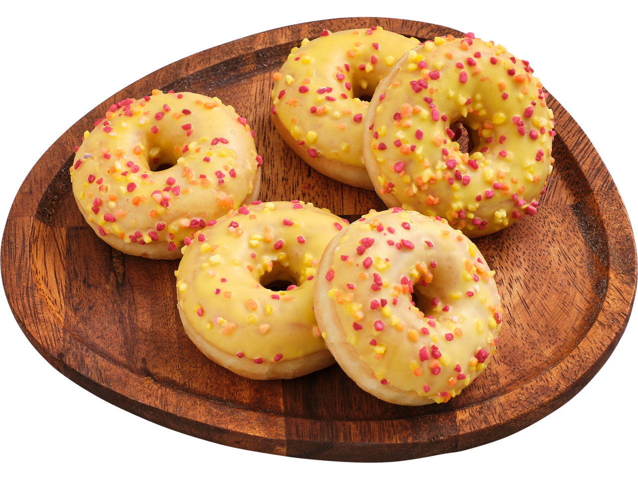 MINU LEIB Sõõrikud lehttainast: viis kollase glasuuriga sõõrikut puidust alusel.