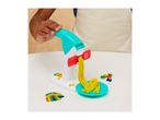 Child making yellow playdough spaghetti with a toy pasta maker.