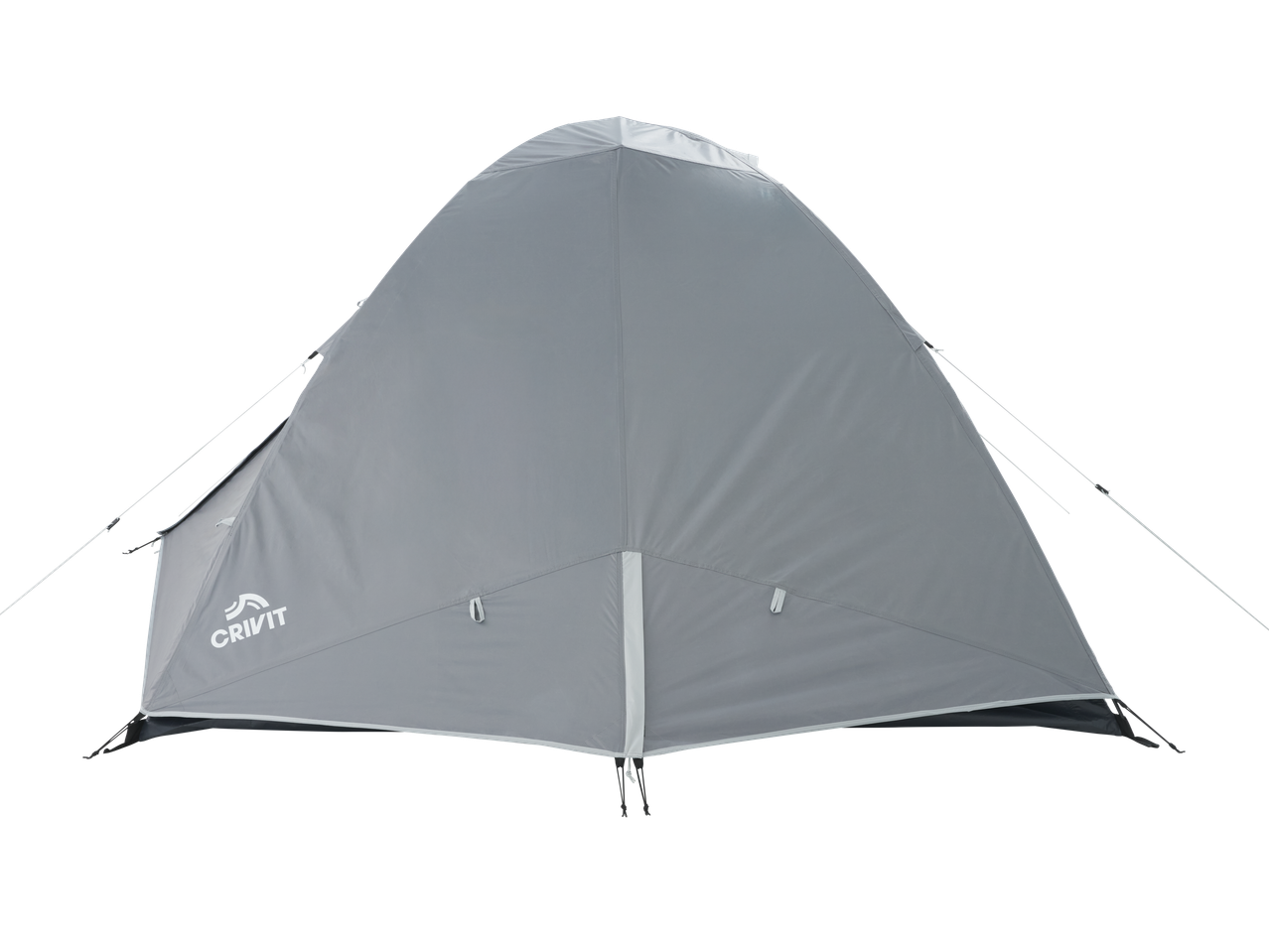 A light gray tent with white trim and guy lines, viewed from the back.