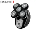 Black electric shaver with five rotary heads and a textured grip, featuring power and battery indicators.