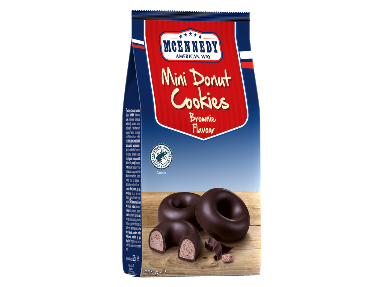 MCENNEDY Mini Donut Cookies Brownie Flavour verpakking met chocoladedonuts op hout.