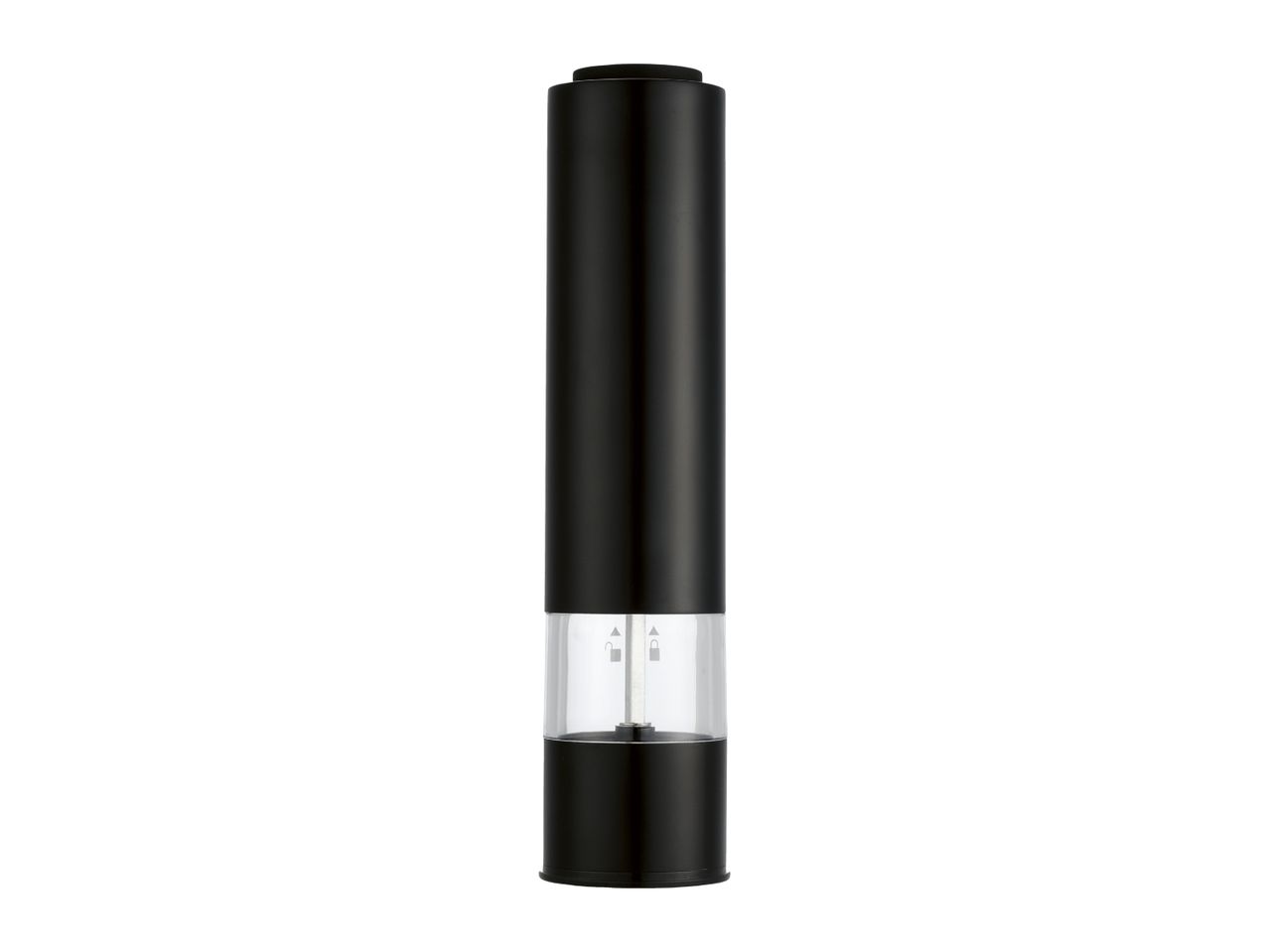 Black electric salt and pepper grinder with a transparent viewing window.