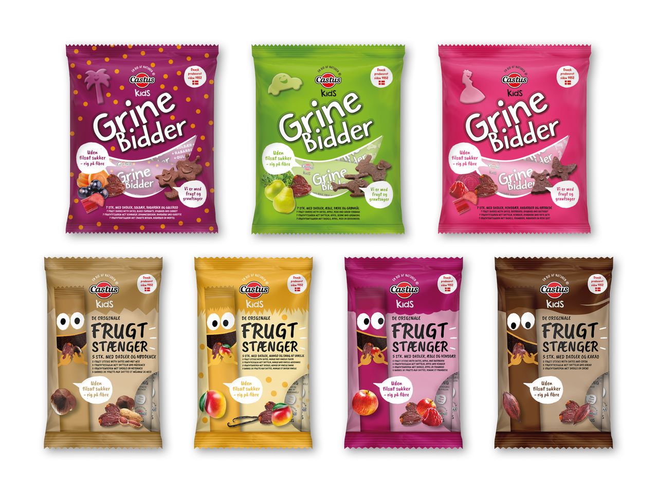 Castus Kids snacks: Grine Bidder og Frugt Stænger i forskellige varianter.