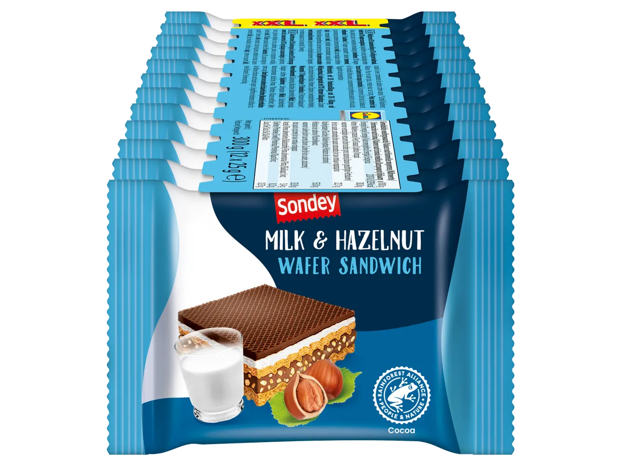 Verpakking met 12 Sondey melk & hazelnoot wafelsandwiches.
