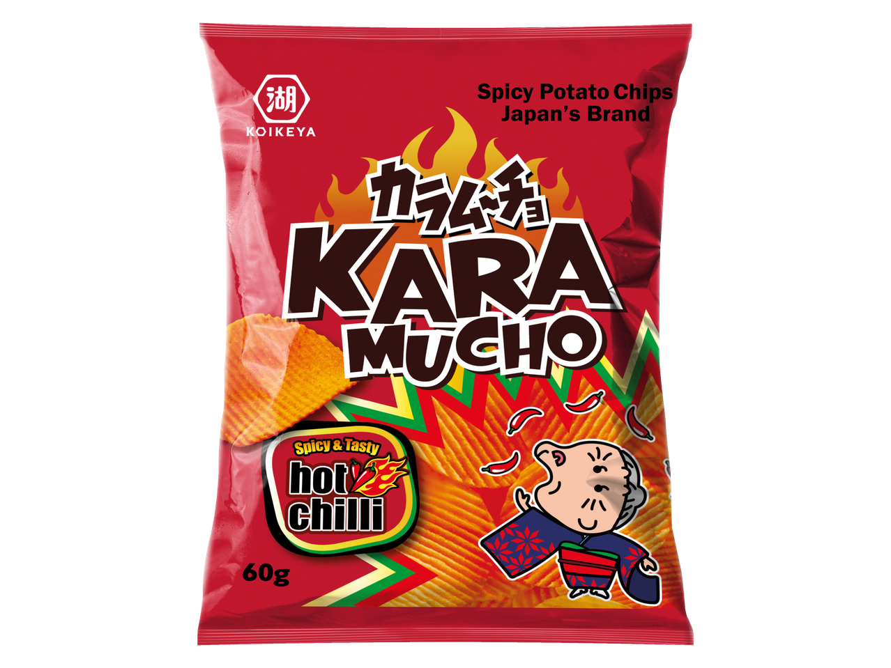 Koikeya Kara Mucho pittige aardappelchips, een Japans merk.