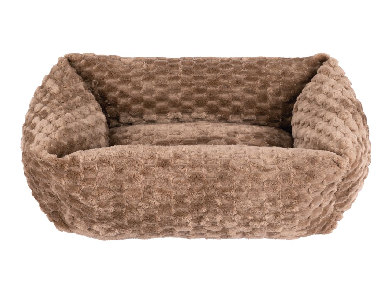 Brown plush pet bed with a textured, dimpled surface