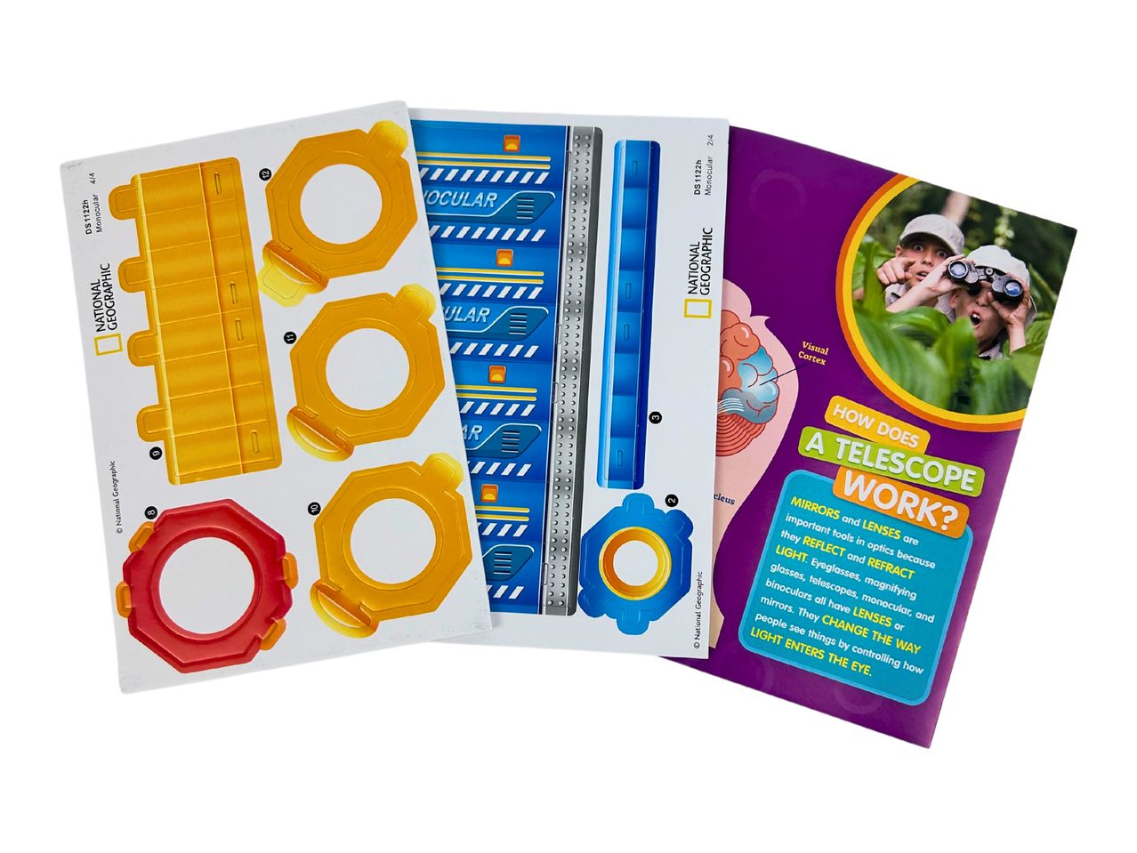 A DIY telescope kit with punch-out pieces and an instructional booklet explaining how telescopes work.