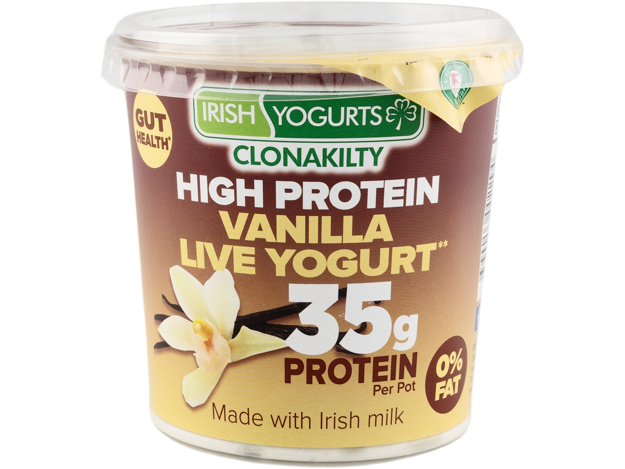 Clonakilty vanilla live yogurt: high protein (35g), 0% fat.