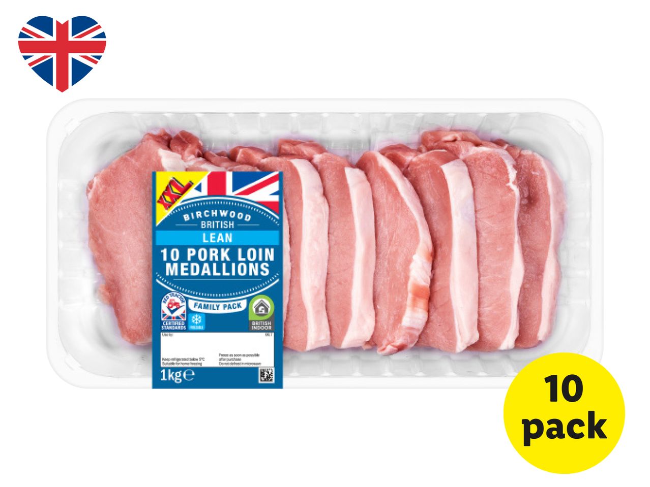 A tray of Birchwood British Lean 10 Pork Loin Medallions, 1kg family pack.