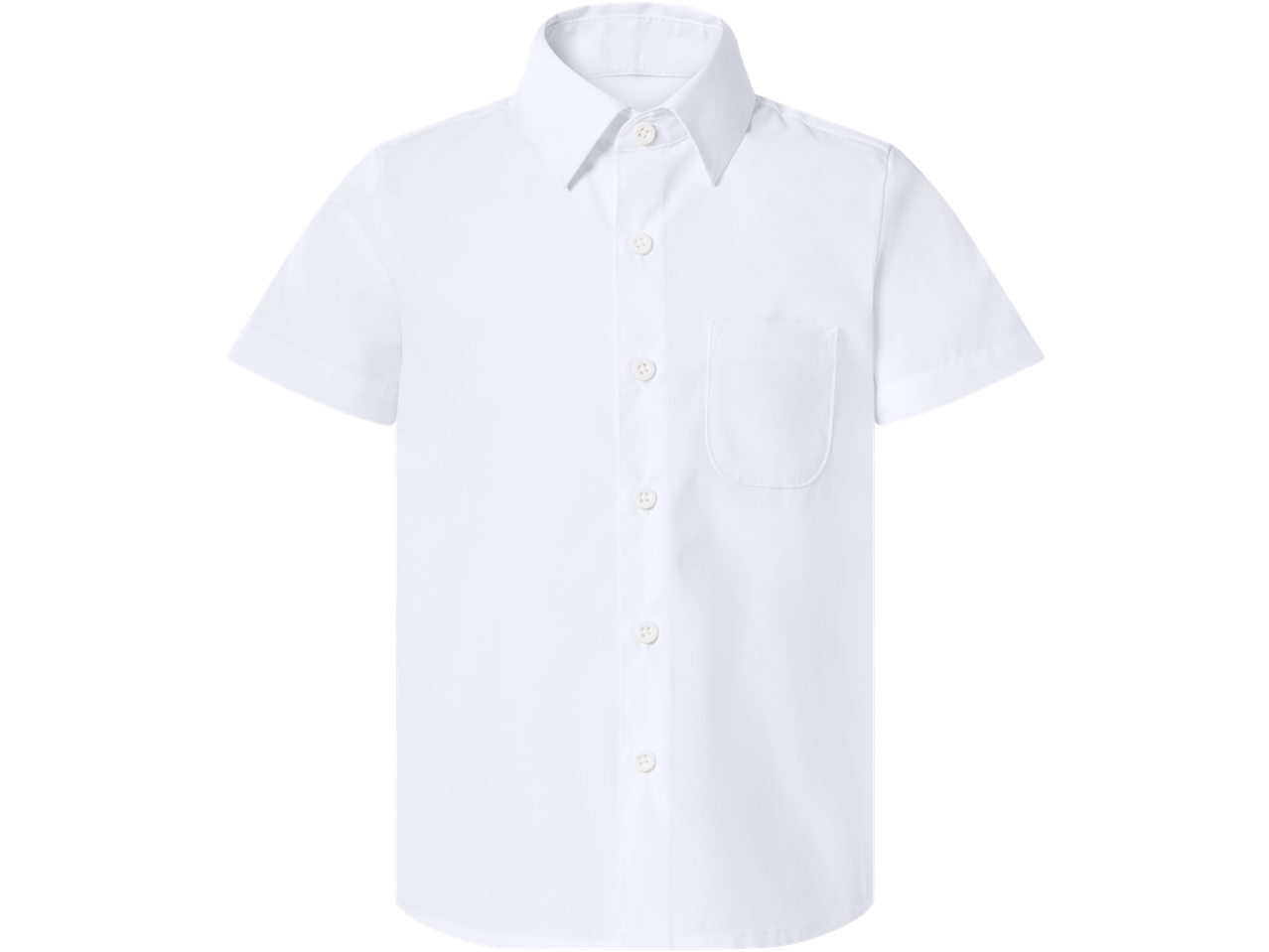 White short-sleeve button-up shirt for kids with a collar and a chest pocket.