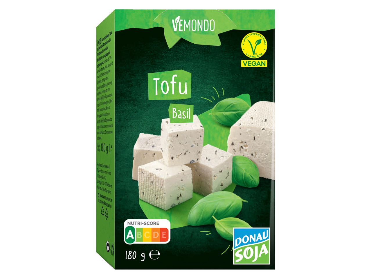 Vemondo bazsalikomos tofu és Donau Soja: vegán csomagolás.