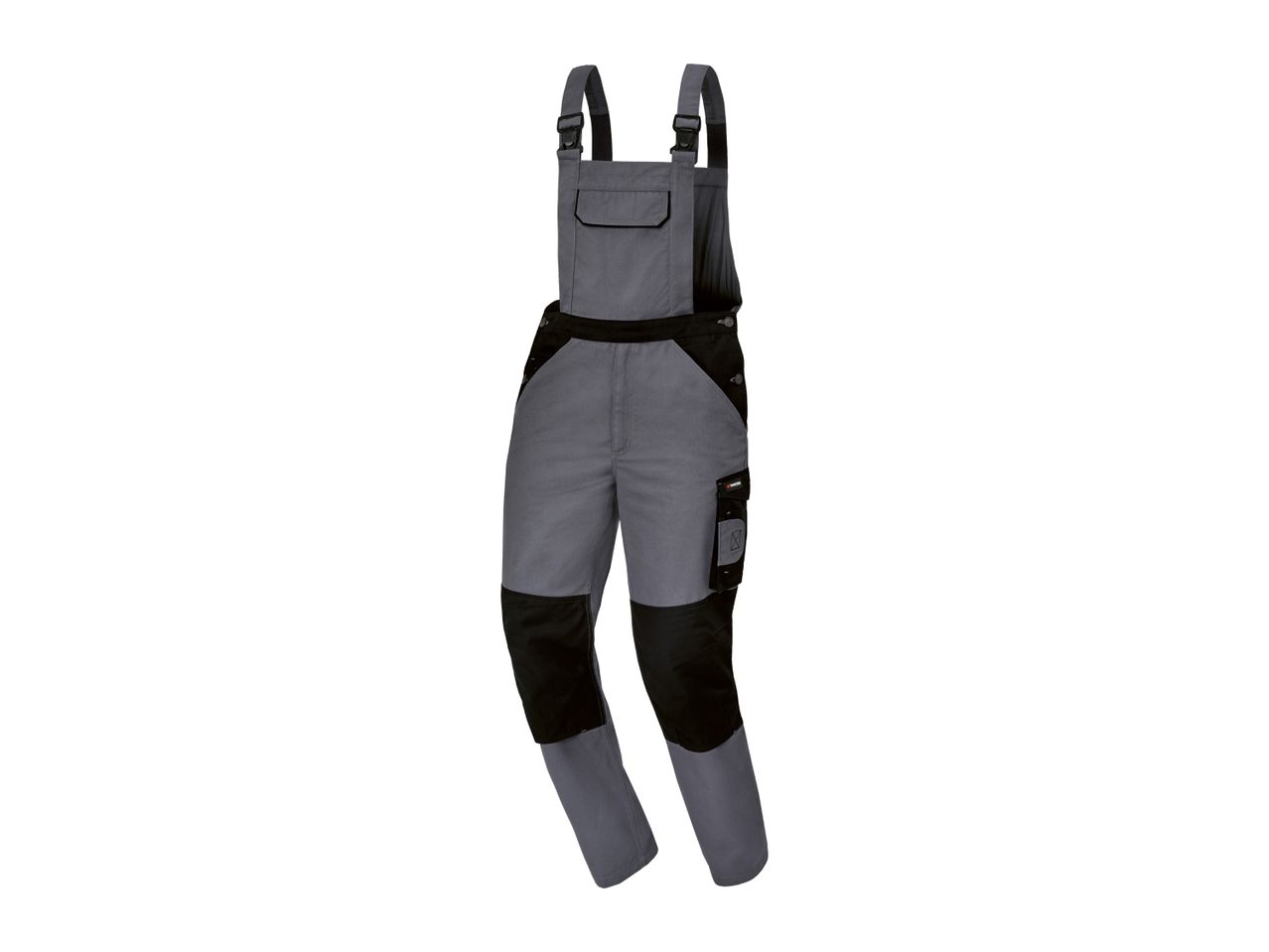 Men's grey and black work dungarees with multiple pockets and knee reinforcement