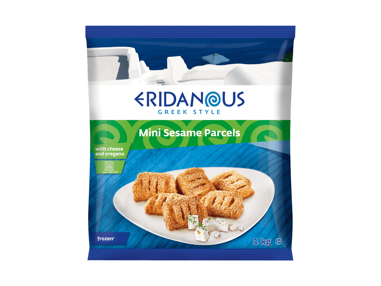 Emballage de mini-feuilletés au sésame surgelés au fromage et à l'origan, 1 kg.