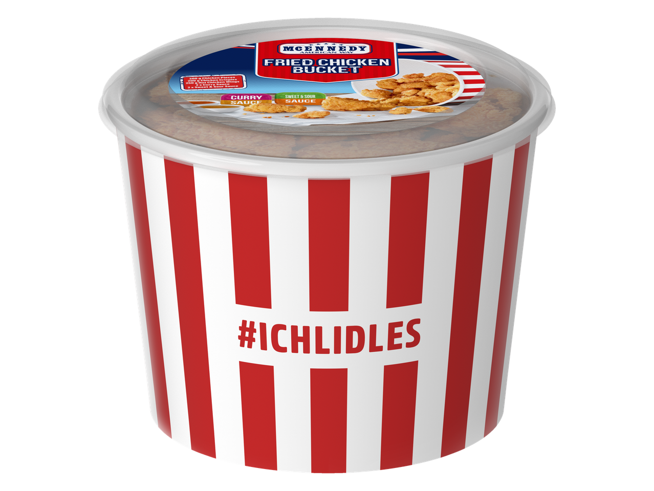 McEnnedy Fried Chicken Bucket with chicken pieces, crispies, hot wings, curry and sweet & sour sauce.