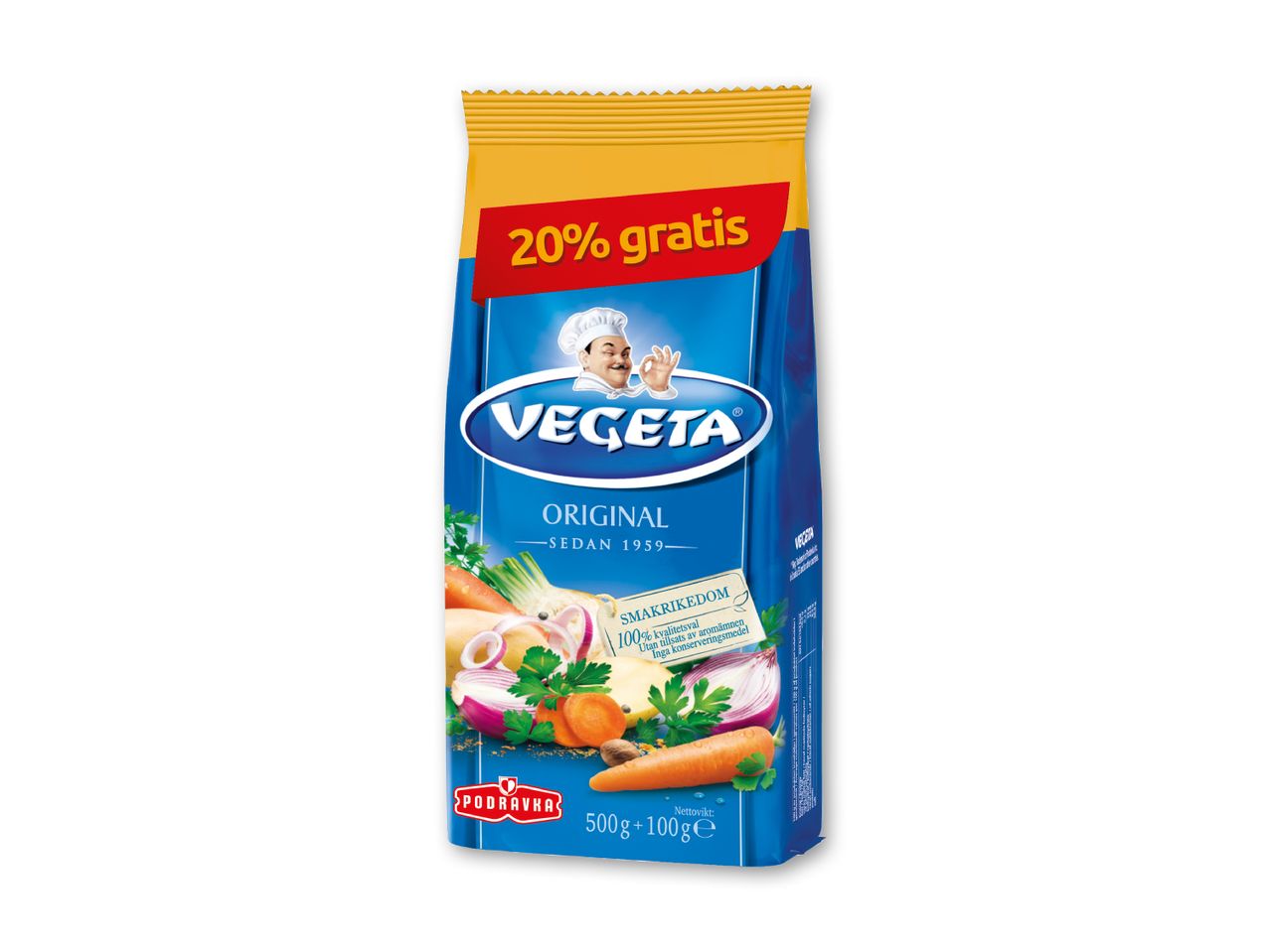 Blå pose med krydderiblanding med grøntsager og teksten '20% gratis'.