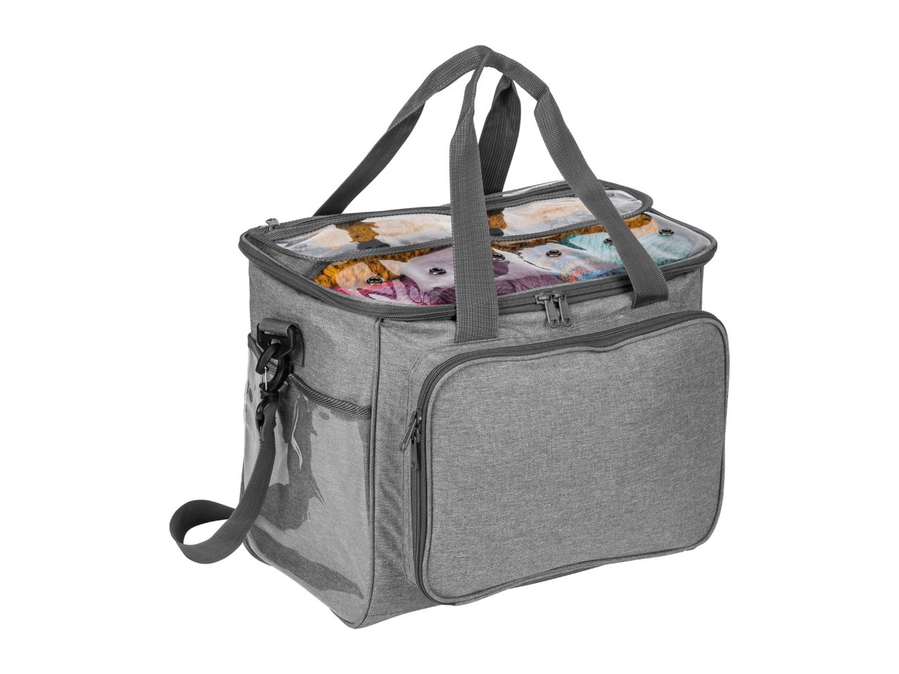 Grey yarn storage bag with clear top lid and shoulder strap
