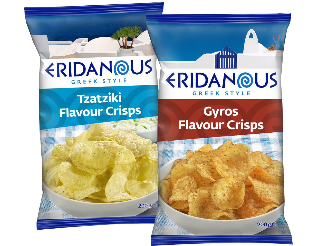 Två påsar Eridanous grekiska chips, en med tzatziki- och en med gyrosmak.