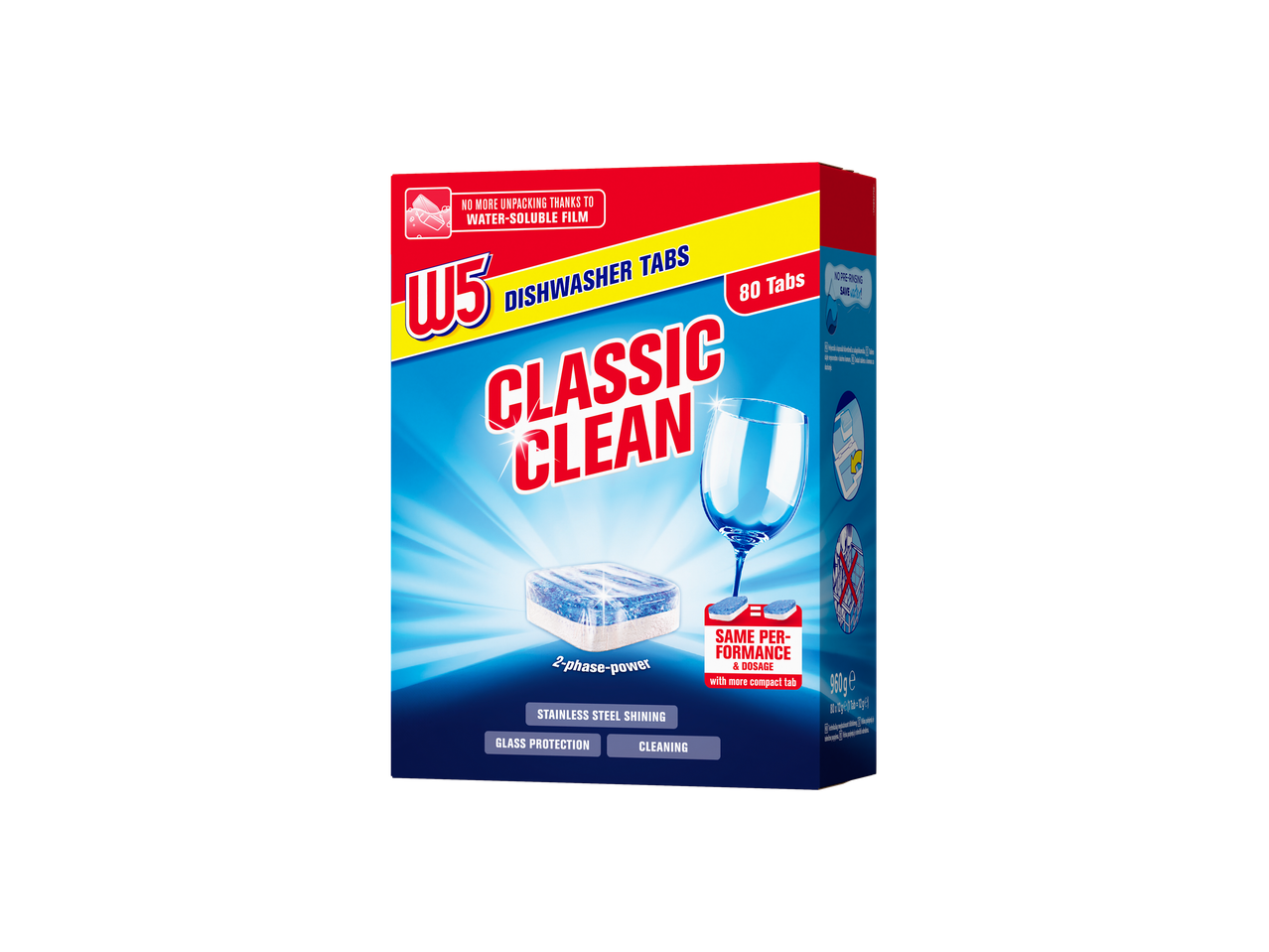 W5 Classic Clean mosogatógép tabletta, 80 darab, 2 fázisú erővel a ragyogó edényekért.