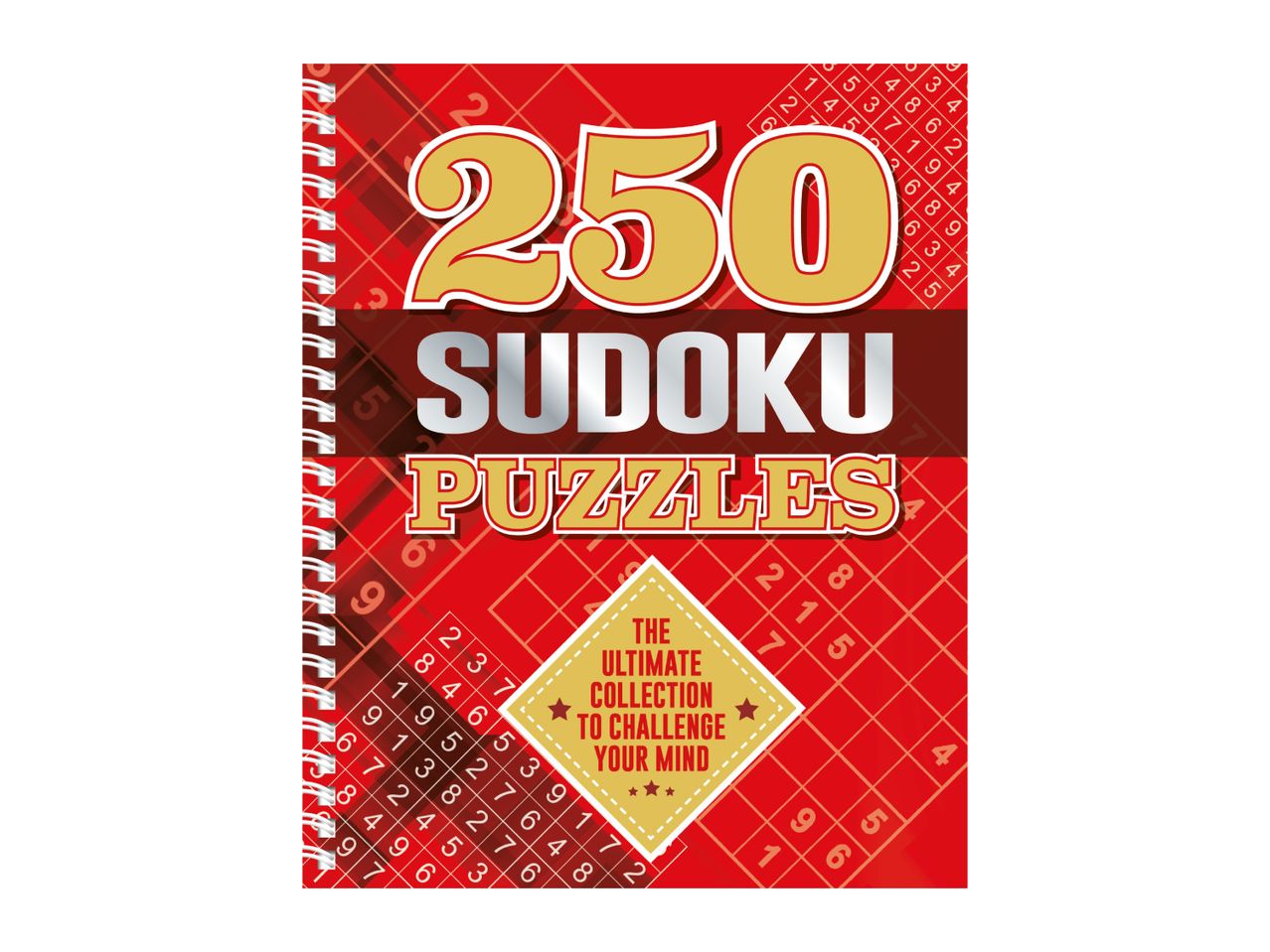 A red sudoku puzzle book with '250 SUDOKU PUZZLES' and 'THE ULTIMATE COLLECTION TO CHALLENGE YOUR MIND' on the cover.