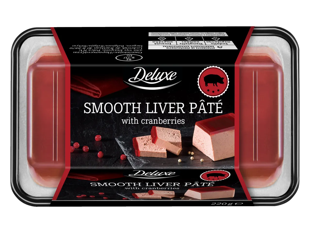 Deluxe prekės ženklo lygus kepenų paštetas su spanguolėmis.