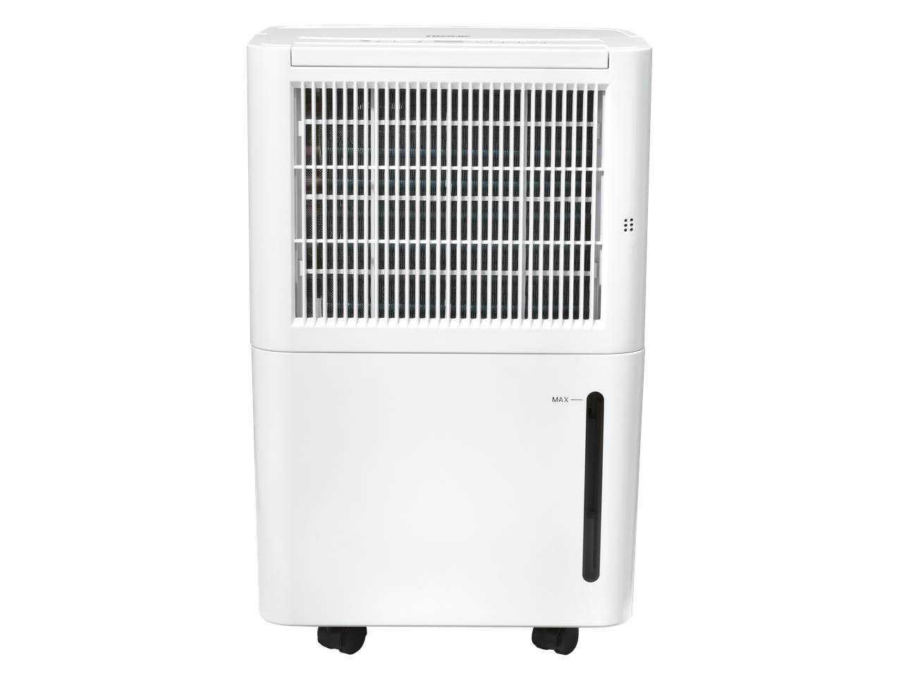 TRONIC® Dehumidifier, a white rectangular unit with a visible water tank and wheels.