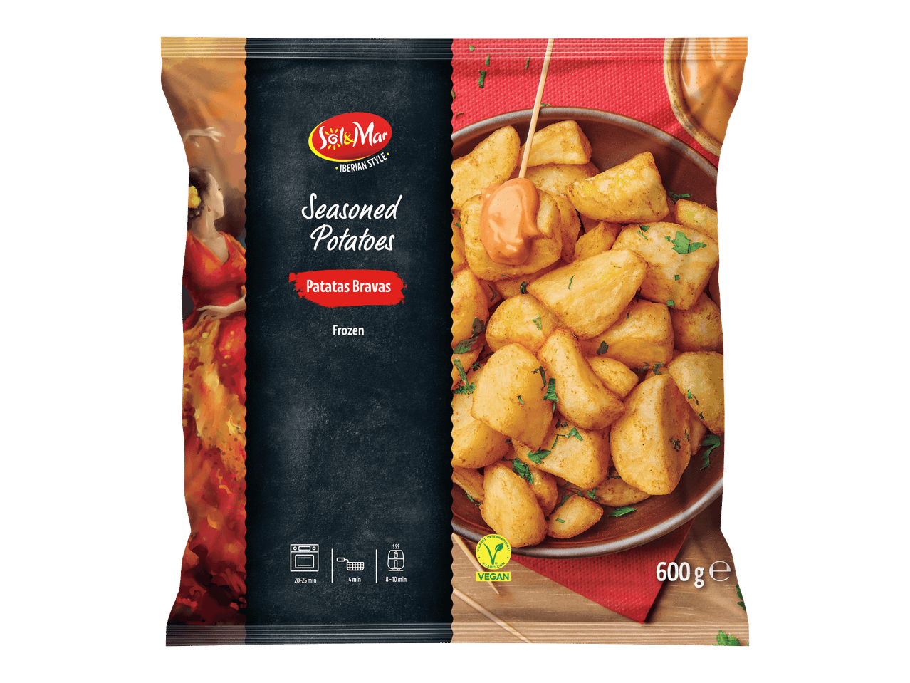 Maustettuja perunoita (Patatas Bravas) pakkauksessa, jossa on tanssija ja valmistusohjeet.