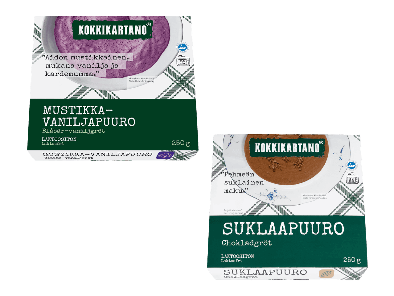 Laktoositon mustikka-vaniljapuuro ja suklaapuuro 250 gramman pakkauksissa.