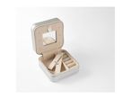 A beige jewelry box with compartments and a mirror, ideal for storing necklaces, earrings, and bracelets.