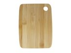 Rectangular bamboo cutting board with rounded corners and a circular hole in the top right.