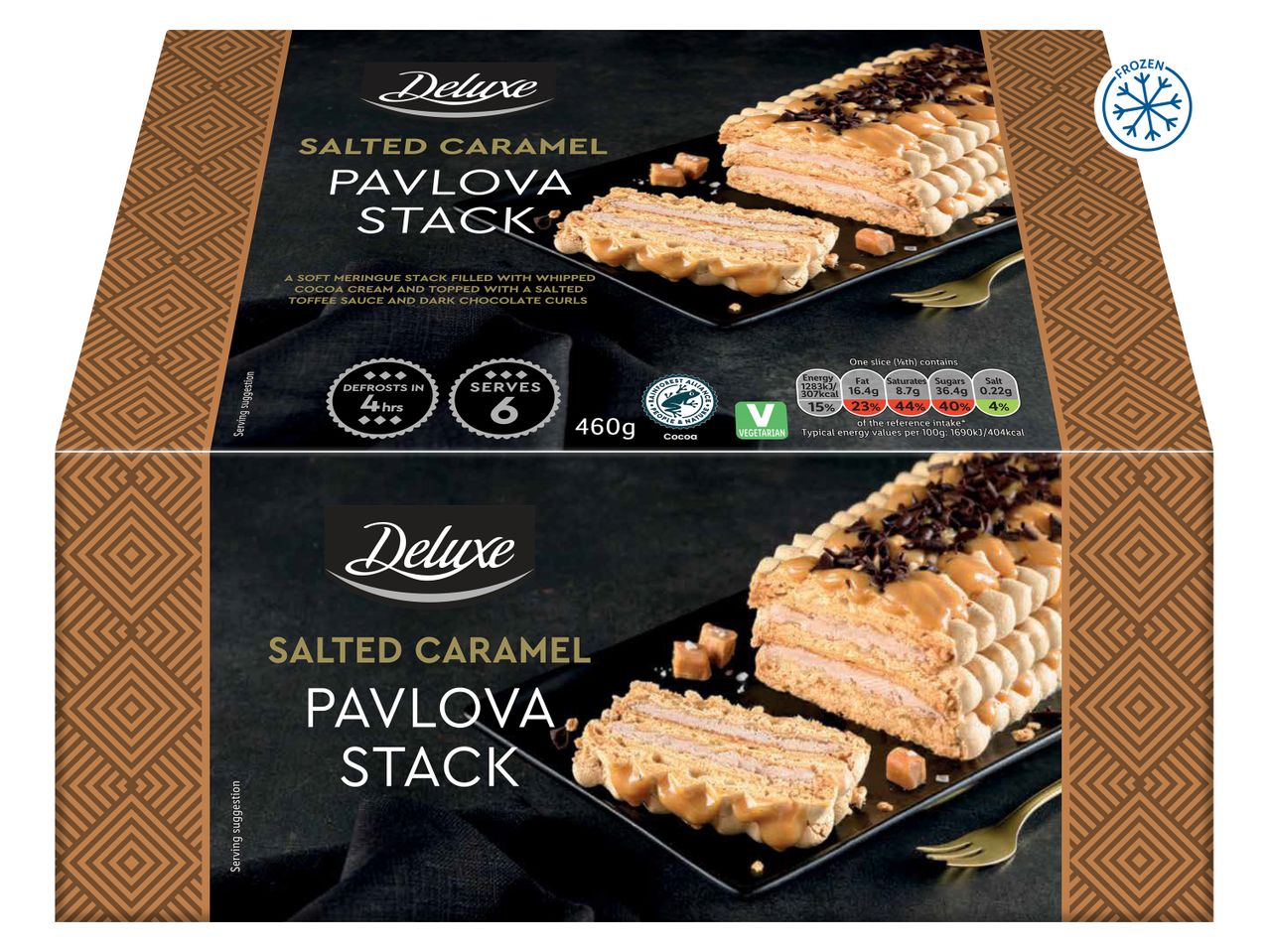 Frozen salted caramel pavlova stack with cocoa cream, toffee sauce, and chocolate curls.